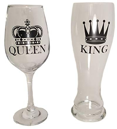 King Bierglas Queen Weinglas 2er Set 100% Glas, Fassungsvermögen 600 & 430 ml. 2-teilig, in PVC-Box.
