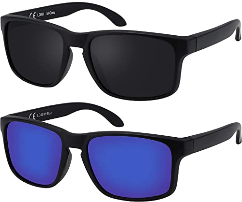 La Optica B.L.M. Sonnenbrille Herren UV400 Retro Sportbrille Fahrradbrille - Doppelpack Set Matt Schwarz (1 x Grau, 1 x Blau Verspiegelt)