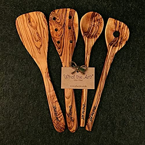 What the Art!® Olive Wood «The Chef» Gr. M | Olivenholz Kochbesteck 4er Set | Handarbeit | 30 cm | Pfannenwender + Pfann. gelocht + Kochlöffel + Reislöffel