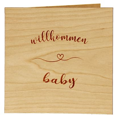 Original Holzgrußkarte - Glückwunschkarte Baby Geburt, Motiv Willkommen Baby - 100% Made in Austria, Kirschholz - geeignet als Karte zur Geburt, Geschenk, Grußkarte, Babykarte uvm.