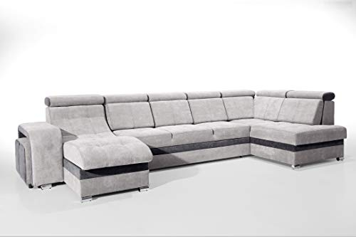Robin Milan Ecksofa mit Schlaffunktion 2X Bettkasten 7X Kopfstützen 2X Hocker Sofa L-Form Schlafsofa Freistehende Eckcouch Schlafcouch Wohnzimmermöbel Wohnlandschaft Rechts Silber Anthracite