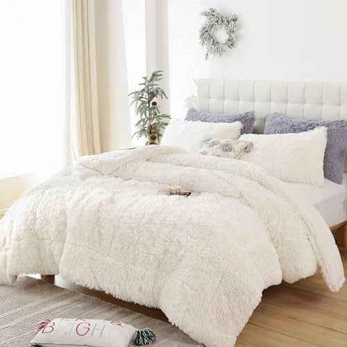 Smoofy Kunstfell-Steppdecke, 3-teilig, zotteliger Plüschsamt, weich, flauschig, flauschig, doppelseitig, luxuriös, flauschig, Flanell, Beige, 1 Tröster, 2 Kissenbezüge