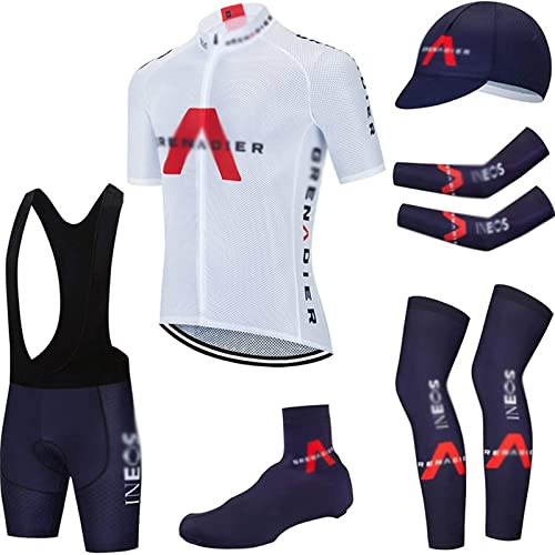 Herren Fahrrad Trikot Kurzarm Radsport Trikot Set Atmungsaktiv Schnell Trocken Radfahren Kleidung mit Bib Shorts Mit 3D Sitzpolster MTB, Rennrad (Weißer sechsteiliger Anzug,L)