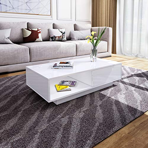 Senvoziii Couchtisch Weiß Hochglanz Wohnzimmertisch mit Schubladen und Fach öffnen Sofatisch für Wohnzimmer