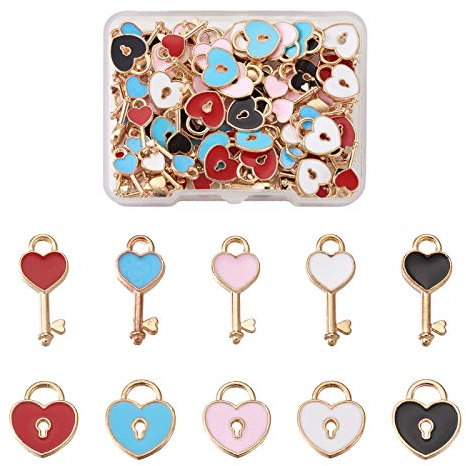Cheriswelry 100pcs Enamel Heart Key Heart Lock Pendants Charms Light Gold Plated for Necklace Bracelet Jewellery Making