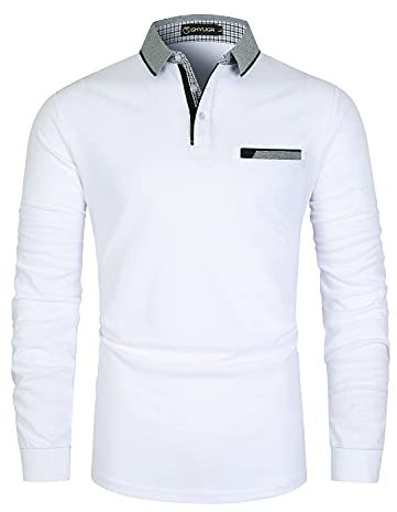 GHYUGR Men's Polo Shirt Long Sleeve Contrasting Colors Golf Tennis T-Shirt,White 1,L