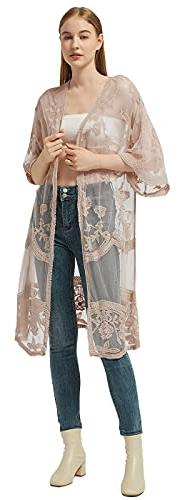Anna-Kaci Womens Long Embroidered Lace Kimono Cardigan with Half Sleeves, Tan, OneSize