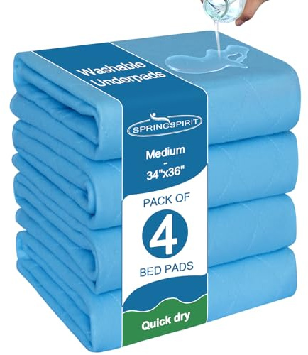 Bed Pads Washable Waterproof 34'' x 36'' (Pack of 4), Reusable Incontinence Underpads for Adults, Washable Pee Pads, Great for Dogs, Cats, Bunny, Seniors Bed Pad, Hospital Bed Sheets, Blue