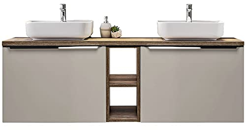 Lomadox Doppel Waschtisch Unterschrank Set 160cm, in Taupe mit Vintage Eiche, 2 Keramik-Aufsatz Waschbecken, Softclose-Schubkästen, B/H/T 140,4/62,5/46 cm