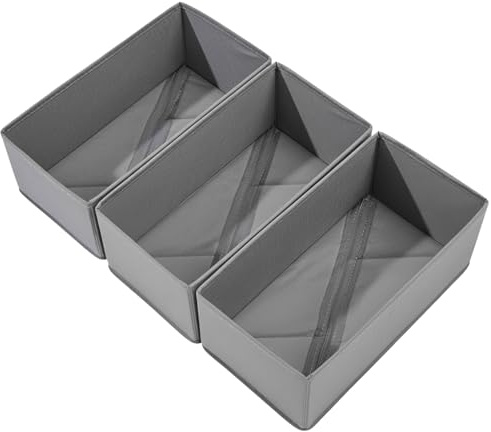 Bructhun Sock Drawer Organizer 3 Pack - Collapsible Fabric Storage Bins for Underwear Divider, Small Closet Organizers with 3 Compartments, Gray