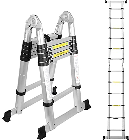 Randaco Scala telescopica pieghevole, 3.8M (1,9 m + 1,9 m) Scala pieghevole antiscivolo in alluminio, Estensione Rapida, Scala multiuso Leggero e Flessibile, Portata massima 150 kg