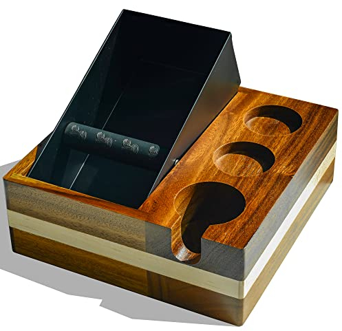 Espresso Knock Box 4 In 1 Natural Wood Tamping Station Stand with Coffee Grounds Dump Bin for 51mm 54mm Espresso Tamper Coffee Distributor Coffee Bar Accessories