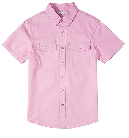 Tronjori Chemise tissée décontractée boutonnée à manches courtes pour garçon avec deux poches, rose, 10