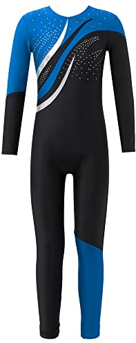 iEFiEL Mädchen Langarm Turnanzug Zweifarbig Ganzkörperanzug Sportlich Body Kinder Glitzer Gymnastikanzug Tanzkostüm Tanzanzug Königsblau 146-152