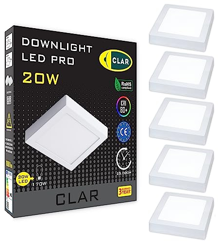 CLAR - LED Ceiling Light, Deckenlampe Badezimmer, LED Deckenleuchte, Deckenleuchte Badezimmer, Deckenlampe LED, Deckenleuchte Flur, LED Lampen Deckenlampen, Badlampe Decke, Square 20W (Pack 5)