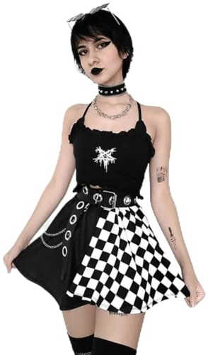 Y2k Gothic Skirt High Waist Black Pleated Skirt Plaid Skirt A Line Mini Skirt Skater Skirt Tartan Skirt Lolita -Black White2,M
