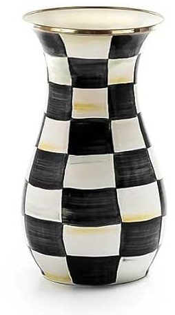 MACKENZIE-CHILDS Tall Enamel Vase, Unique Flower Vase, Decorative Table Decor for Living Room, Black-and-White Courtly Check