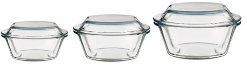 Borosilicate Glass Set of 3 Casseroles, Oven and Microwave safe Sering Bowl with Glass Lids Capacity 0.5 l, 1.0 l & 1.5 Lt