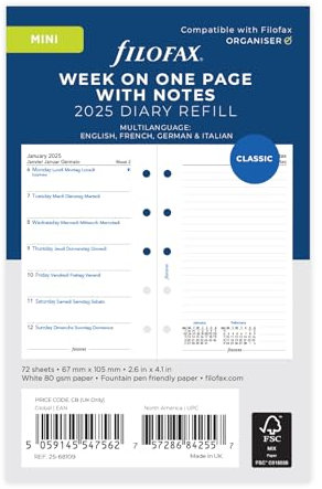 Filofax Mini-Woche pro Seite mit Notizen, 4-sprachiger Terminplaner für 2025