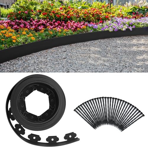 DKIEI Lawn Edging, 10m of Flexible Garden Edging Border with 30 Super Strong Securing Pegs Anchors, Landscape Grass Border for Lawns Paths Driveways Pavement All Gardening Ideas, 100mm High, Black