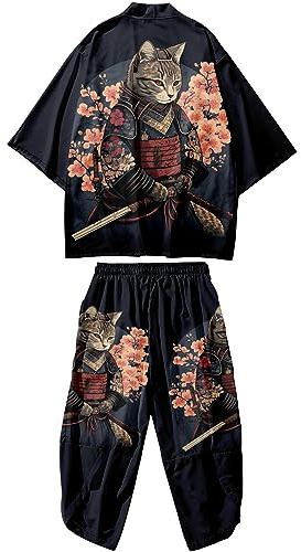 DOSLAVIDA Ensemble de cardigan style kimono japonais pour homme, style chinois, avec veste imprimée et pantalon, haut ouvert à manches 7/8 et short, 01 - Noir, XX-Large