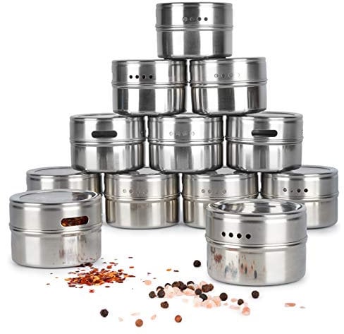 Oak & Steel - Magnetische Gewürzdosen aus Edelstahl (100ml, Silber) - Gewürzbehälter mit Deckel - 2-in-1 Gewürzstreuer zur Aufbewahrung mit magnetischer Dosierhilfe (24)