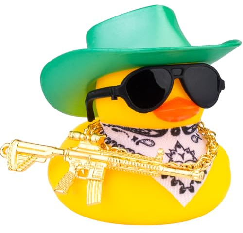 Mwmoeen Ente für Auto Armaturenbrett Dekorationen, Gelbe Gummiente Auto Ornamente mit Cowboyhut Sonnenbrille Goldenen Ketten Halstuch und Coole Requisite für Auto, Büro, Zimmer Dekoration