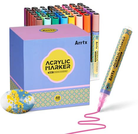 Arrtx Acrylic Paint Pens 48 Colors, 3mm Medium Tip Paint Markers, Non Toxic, Quick Drying for Rock Painting, Wood, Ceramic, Fabric, Glass, Canvas, Plastic, Metal, Stone, DIY Crafts