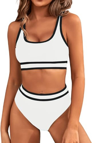 Genfien Women's Bikini Sets Bikini Tops High Waisted Bottom Tummy Control Bathing Suits Cut Out Ladies Swimsuit Suits Padded Beachwear White