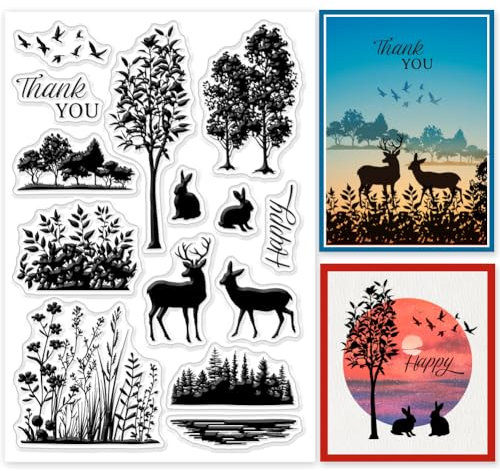 GLOBLELAND Waldtier Silhouette Silikonstempel Wildhirsch Transparente Stempel Kaninchen Vogel Klare Stamps Für Karten Herstellung DIY Scrapbooking Basteln