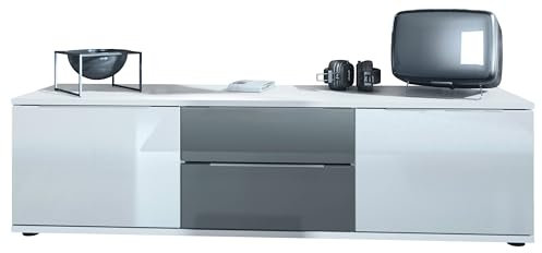 Vladon TV Lowboard Linio V1, Fernsehtisch mit 2 Türen und 2 Schubladen – Weiß/Grau Hochglanz (138,5 x 37,5 x 35 cm)