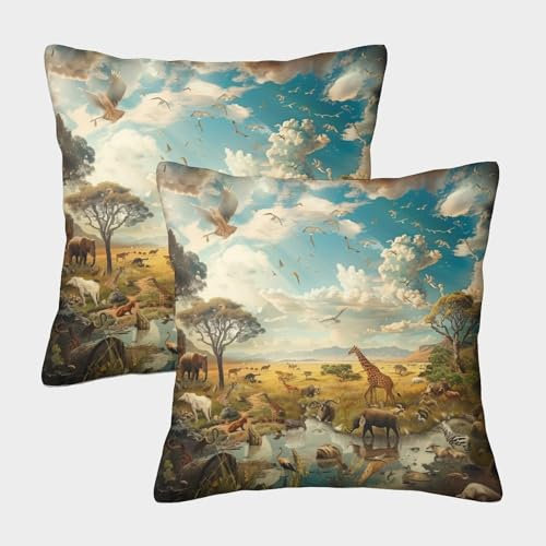 RNDKAUUIE Jungle Animals Kissen Bezug 2er Set Kissenbezüge Wohnzimmer Kissenhülle Sofakissen Polyester Polster Textil Für Sofa Bett Garten Balkon Kinderzimmer Zierkissen 45x45cm