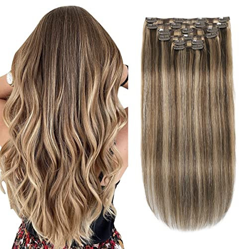 XDhair Clip in Extensions Echthaar,100g 35cm Schokoladenbraun Mit Karamellblond Highlights Extension Echthaar Remy Clip in Haarverlängerung (#4P/27-14 Zoll)