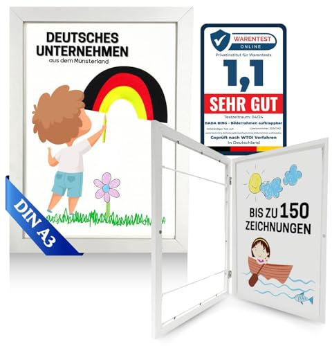 Bada Bing Bilderrahmen A3 für Kinderzeichnungen in Weiß - Kunstfotorahmen aufklappbar mit Frontöffnung für bis zu 150 Kinderbilder - Befüllbarer Fotorahmen - Rahmen zum Sammeln von Bildern