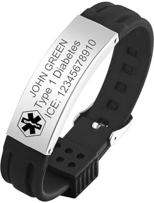 Gamtic Personalisierte Notfallarmband Medizinisches Armband - Verstellbares Wasserdichtes Silikonarmband, SOS Dringender Kontakt ID Armbänder mit Gravur fur Herren Damen