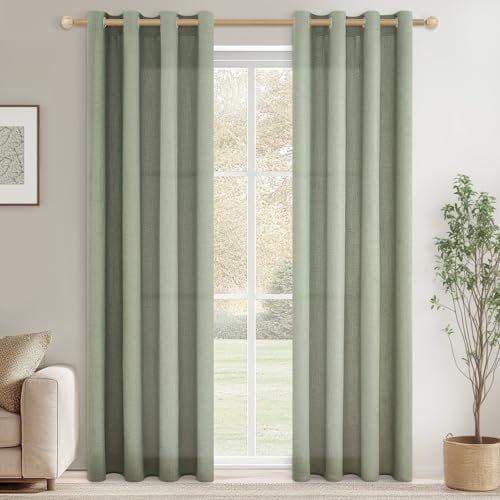 CUTEWIND Rideau Voilage Vert Sauge en Lin 140x240 CM pour Salon Moderne Lot de 2 Panneaux de Rideaux Voilages Intérieurs Translucide à Oeillets Décoration de Maison Fenetre Chambre Fille