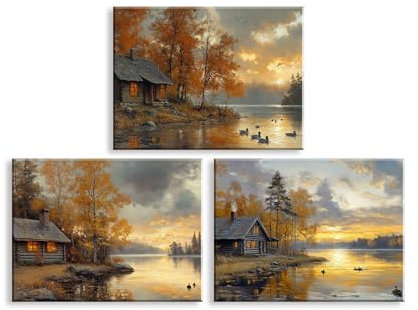 Piy Painting Images En Toile d'Automne, Art Mural En Toile Du Village, Peintures d'Art Mural Sur Lacs, Impressions Sur Toile Pour Le Salon Salle De Bain Entrée Café, Avec Cadre Intégré, 3x30x40 cm