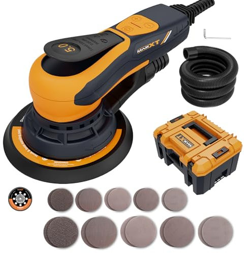 MAXXT Levitatrice orbitale 5,0mm brushless, Levitatrice elettrica 350W | 6 velocità regolabili (4000-10000) Incl. valigetta pratica, 20 fogli abrasivi | Frenata 2s| Per legno/mobili/pavimenti