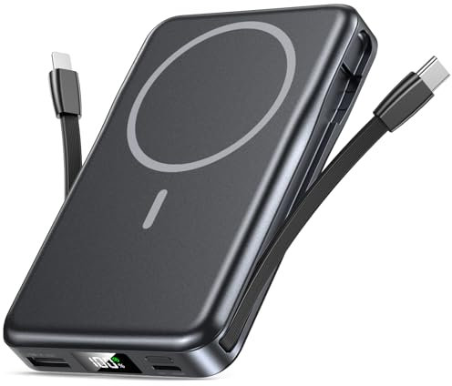 Powerbank für Magsafe, Magnetische Power Bank 10000mAh, PD 20W Schnellladung Kabellose Powerbank mit Integrierten Kabeln, Tragbares Ladegerät für iPhone 16/15/14/13/12/Pro/Pro Max - Dunkelgrau