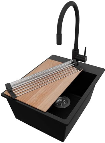 PRIMAGRAN Evier Cuisine en Granit Noir 38x50cm, Lavabo 1 bac + Kit de Vidage + Robinet 40x38cm + Accessoires, Évier à Encastrer au meuble 40cm - Riga