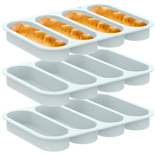 RHAIQBVC 3 Pcs 4 Cup Silicone Hot Dog Bun Pan Reusable Non Stick Hot Dog Bun Mold for Baking Microwave and Dishwasher Safe 24 x 16.9x2.7 cm
