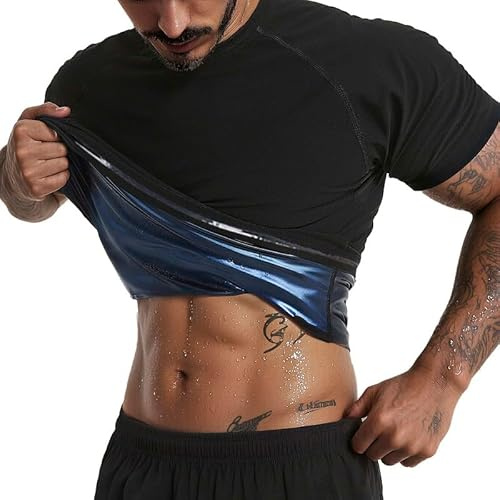 FEVOHOT Sauna Shirt for Men Short Sleeve Compression Sweat Suit Loss Body Shaper T-Shirt Heat Trapping Workout Gym Exercise