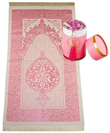 CARPETIA Gebetsteppich Set mit Geschenkbox & 99er Tesbih rosa muslimisches Geschenk faltbar pflegeleicht für Damen Moschee Reisen Zuhause 65 x 110 cm