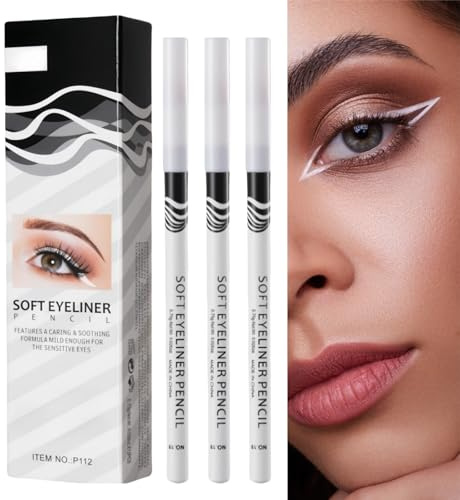 3PCS White Eyeliner Pencils,Professional Highlighter Eye Liner Pen,Soft Highlighter Eyeliner Pencil,White Eye Pencil,Long-Lasting E/ye Highlighter Makeup Pen/cil,Waterproof Long Lasting E/ye Brighten