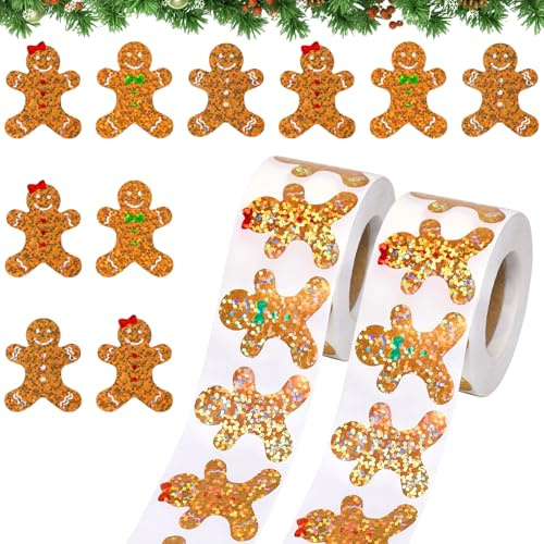 Aufkleber Weihnachten, 1000pcs Weihnachtssticker, Weihnachtsaufkleber Selbstklebend, Lebkuchen Sticker Glitzer, Weihnachts Stickers,2 Sticker Rolle für Geschenkaufkleber Weihnachten,Geschenkverpackung