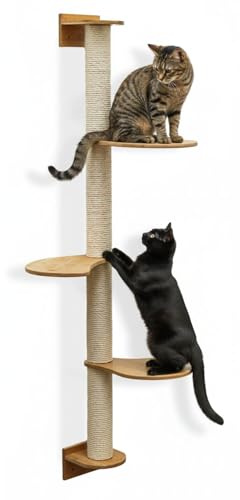 EYEPOWER 175 cm Arbre à Chat Mural Luna avec 3 Plateaux Bois - Grand Poteau à Griffer en Sisal Fixation Murale - Griffoir Bambou pour Chats d’Intérieur - Élément d’Escalade pour Griffer - Mur Grimper