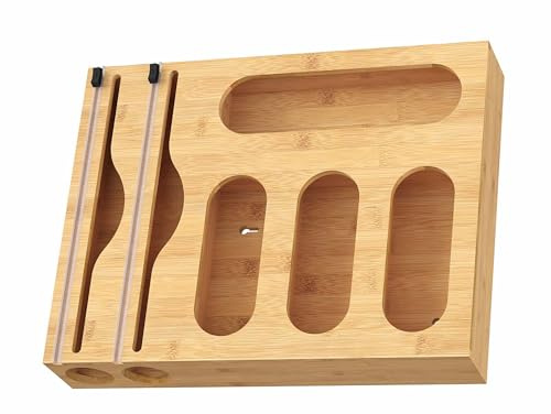 Relaxdays Distributeur 6 en 1 Films Alimentaires, alu, Sacs congélation, Bambou, Mural/tiroir, 43,5x33,5x7,5 cm, Naturel