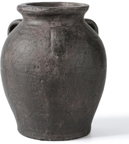 Rustic Matte Black Ceramic Vases, 9.5 H Handmade Distressed Terracotta Vases with 3 Ear, Large Decorative Farmhouse Pottery Vase Home Decor for Table Fireplace Entryway Shelf|Dark Charcoal Taupe