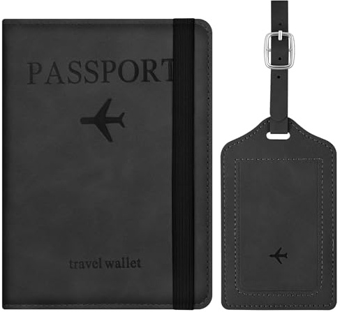 APXEL Custodia per Passaporto con Blocco RFID, Porta Passaporto per Donna e Uomo con Etichetta Valigia, Custodia da Viaggio per Documenti di Viaggio, per Carte di Credito, D'Identità(Nero)