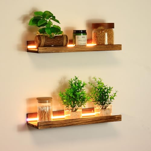 2 Stück Wandregal Floating mit LED Lichterkette, Regale Holzfarbe Wand 40cm Floating Shelf Regal Wand Schweberegal Holz Board Regalbrett Hängeregal Bilderleiste Holz für Wohnzimmer Schlafzimmer Küche